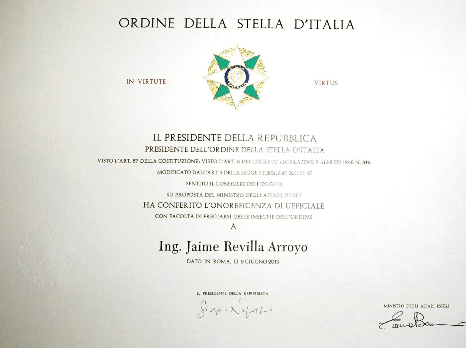 Diploma de la Orden de la Estrella de Italia a nombre de Ing. Jaime Revilla Arroyo